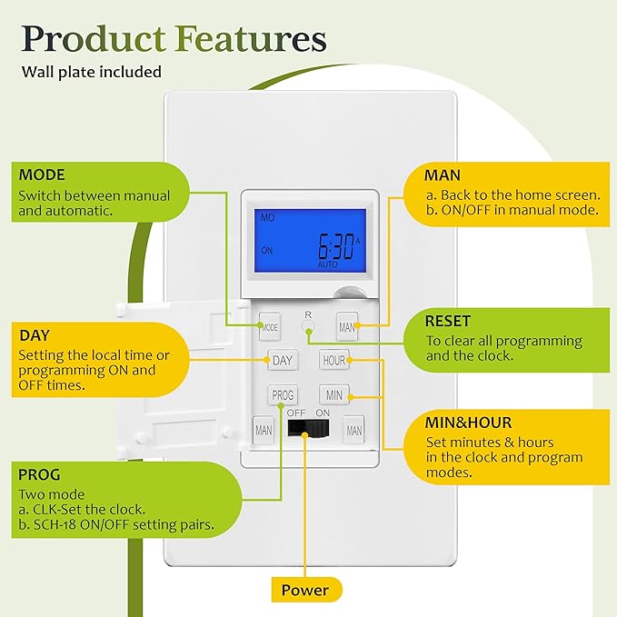 TG 7 Days Digital in-Wall Programmable Timer Switch for Lights, Fans, and Motors, Single Pole, Neutral Wire Required, 18 ON/Off Timer Settings, with Blue Backlight, White