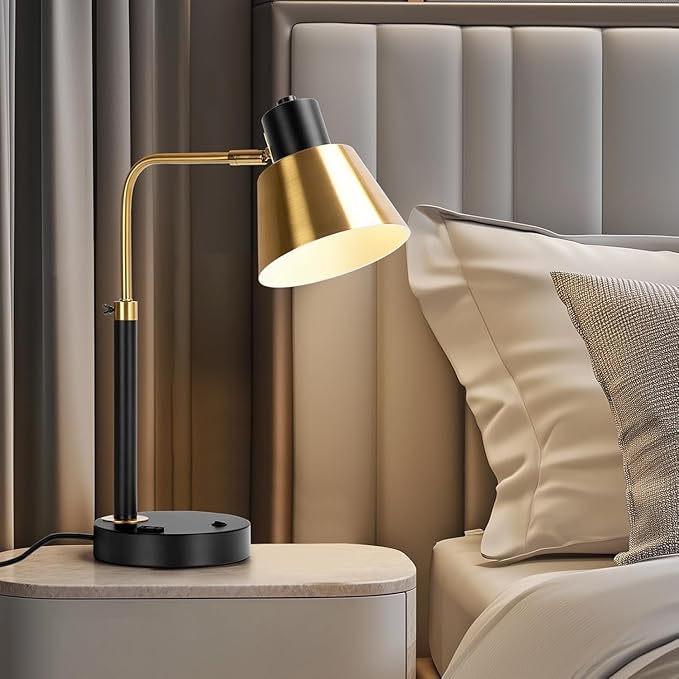 Starstrips Desk Lamp with Dual USB Charging Port, Heavy Duty Metal Task Light, 340 Degree Swivel Arms, Easy Assembly with Cord Guide, Reading Lamp for Home Office, Black & Gold (Bulb Not Included)