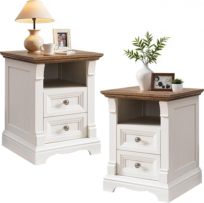 T4TREAM Farmhouse Nightstand Set of 2, 18" End Table with 2 Drawers Storage, Wood Side Table w/Roman Column, Bedside Cabinet for Bedroom, Living Room, Antique White