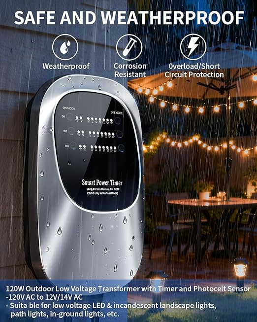 SOFAR 120W Low Voltage Transformer - 3 Independent DC Outputs, 110-240V AC to 12/14V DC, Weatherproof IP54, Timer & Photocell, Overload Protection Converter