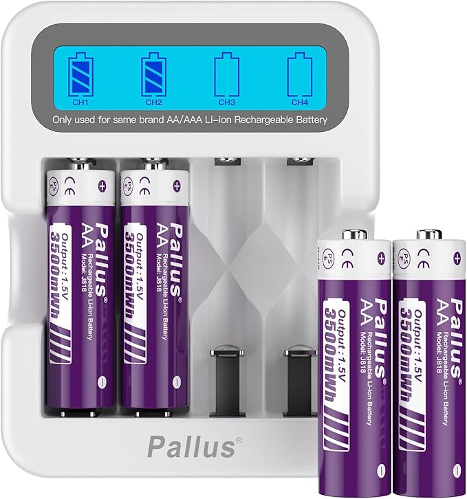 Pallus Rechargeable Lithium AA Batteries, 4 Pack 3rd Lithium Rechargeable AA Batteries, 3500mWh Double A Batteries, 1.5V Constant Voltage Output, 1600 Cycles, Long Lasting for Blink Camera, J818
