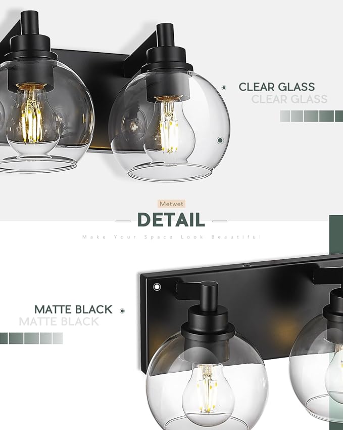 METWET Bathroom Light Fixtures, 4 Light Matte Black Vanity Light, 26 Inch Modern Wall Sconces with Globe Clear Glass Shade, Vanity Lighting Fixtures Over Mirror, VL195-MB-CL-4