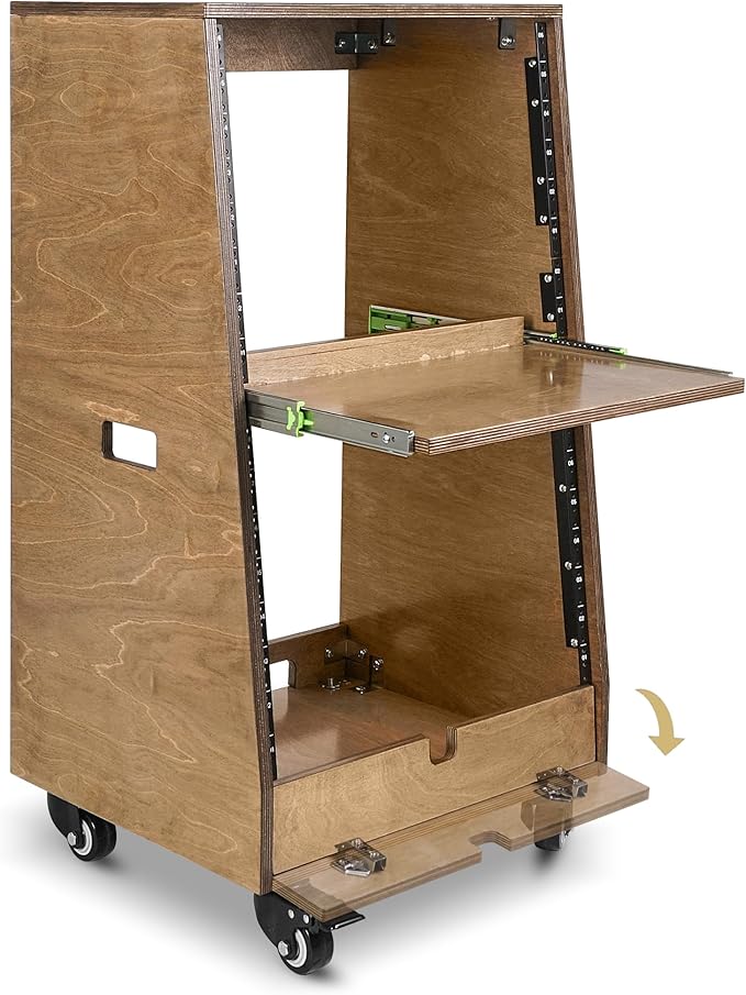 Sound Town DIY Slanted 16U Studio Rack (8U Top + 8U Lower), with 2U Bottom Storage, Slide-Out Tray, Caster, Plywood, Weathered Brown For Recording Room, Home Studio (SDRK-ST16TB)