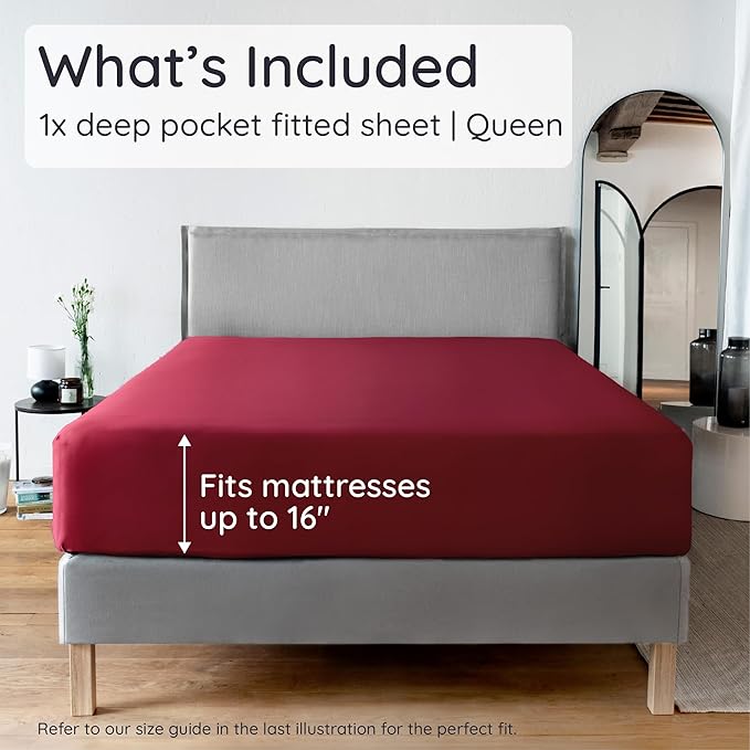 Bambaw 100% Viscose Derived from Bamboo Fitted Sheet Queen Size, Cooling Fitted Sheet, Queen Mattress Fitted Sheet Only, Deep Pocket Fitted Sheet with Corner Straps (Burgundy)