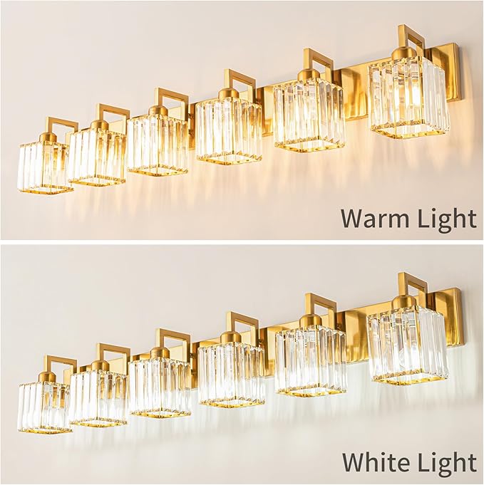 FDPBY Modern Crystal Bathroom Vanity Light - 6-Lights Gold Brushed Brass Finish Wall Lamp