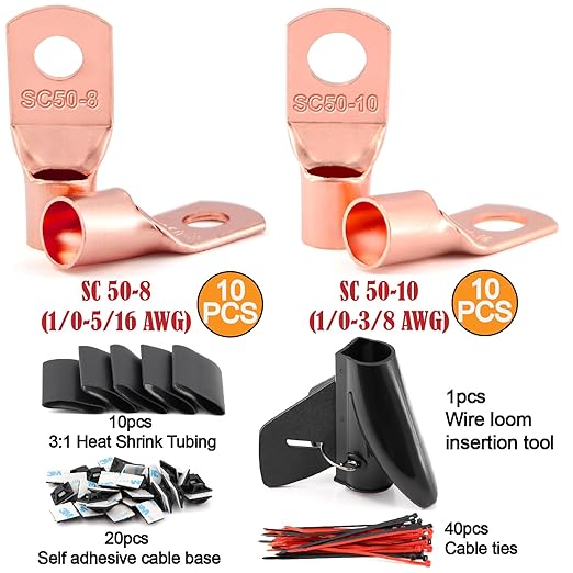 1/0 Gauge Wire CCA (20Ft Each Black/Red) Primary Automotive Wire with Lugs Kit,1/2 Inch Cable Split Sleeving,Battery Cable,Car Amplifier Power Ground Wires,Amp Install Wiring