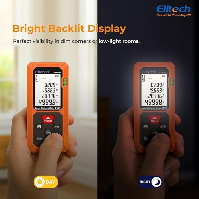Elitech Laser Measuring Tool 165ft, Digital Laser Tape Measure with Dual Bubble Levels, 99 Data Memory & Mute, Ft/In/M High Precision Measuring Tool for Home Renovation & Decoration (Battery Included)