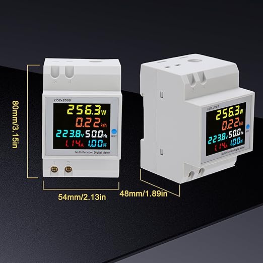 D52-2066 Single Phase Energy Meter with LCD Display Din Rail Electricity Usage Monitor for Voltage Current Power KWh Frequency Power Factor - 220V AC 40V-300V 100A Household & Industrial Use