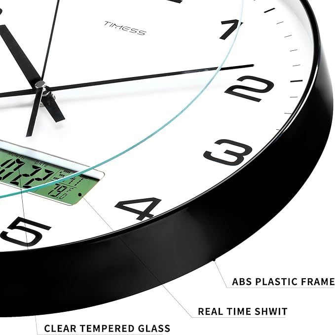 TIMESS Wall Clock, 14" Large Dial Non-Ticking Silent Battery Operated Analog with LCD Display for Perpetual Calendar and F° Temperature, Ideal Modern Home, Bedroom, Office Decor (Black)