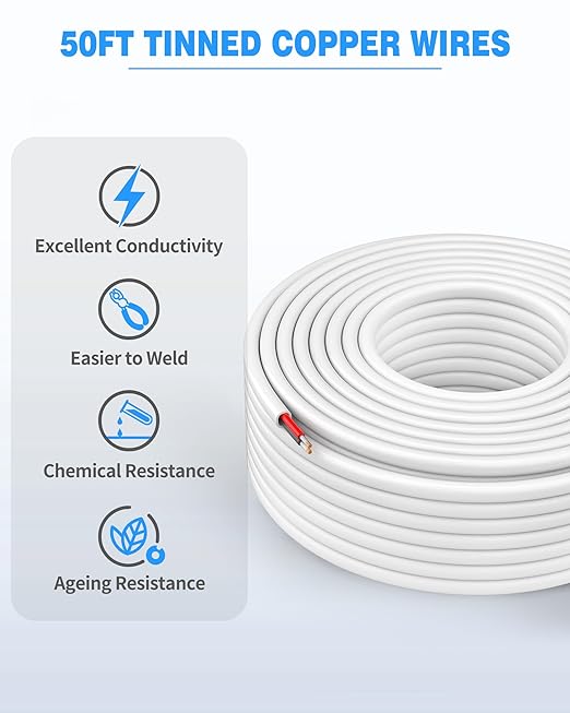 NAOVEO 16 Gauge Wire 2 Conductor Electrical Wire, 16 AWG Stranded PVC Tinned Copper Cable, Flexible/Low Voltage Automotive Wiring for LED Lamps, Marine, Speaker, Appliances (50FT)