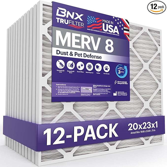 BNX TruFilter 20x23x1 Air Filter MERV 8 (12-Pack) - MADE IN USA – Dust & Pet Defense Electrostatic Pleated Air Conditioner HVAC AC Furnace Filters for Dust, Pet, Mold, Pollen MPR 600 – 700 & FPR 5