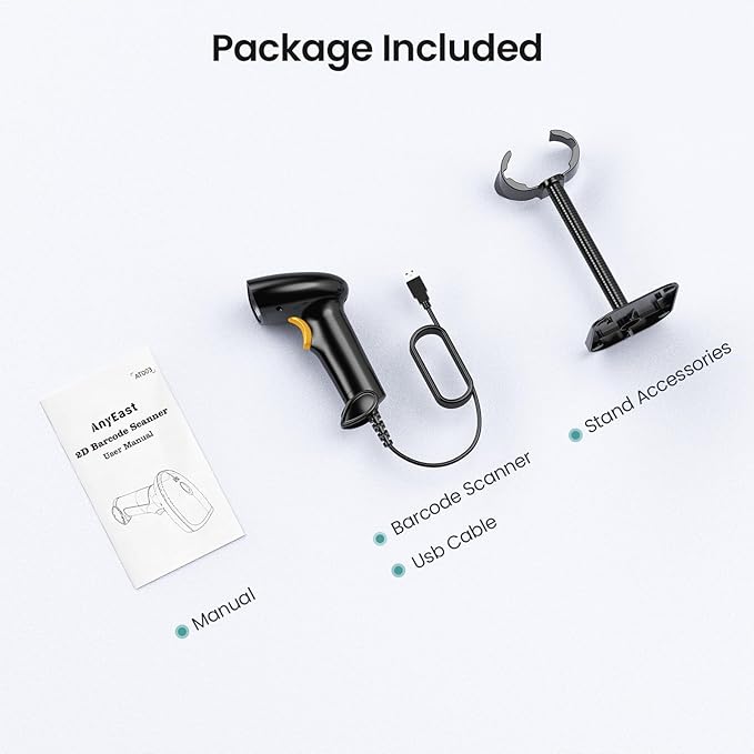 Anyeast Barcode Scanner with Stand: USB Wired Inventory 2D 1D QR Code Scanner,Compatible with Computer POS MAC with Automatic Scanning, Handheld Barcode Reader for Library Supermarket（Yellow）