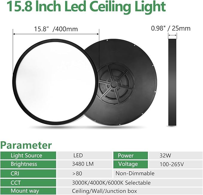 6PK 15.8 Inch LED Flush Mount Ceiling Light Black, 32W, 3480LM, 3000K/4000K/6000K CCT Selectable, Round Flat Panel Light Low Profile Ceiling Light Fitures for Hallway, Kitchen, Bedroom, Laundry Room