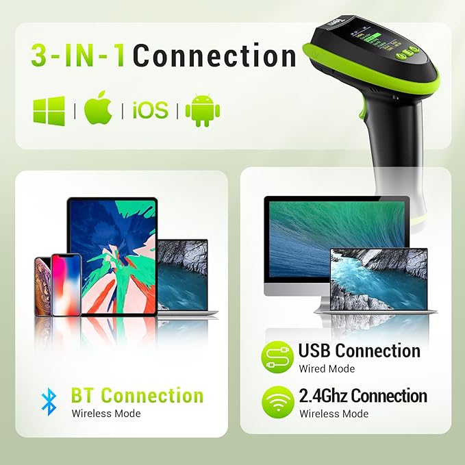 Tera Barcode Scanner Wireless 2D QR with Stand: Digital Setting Screen Keypad Pro Version Extra Fast Scanning Speed Works with Bluetooth 2.4G Wireless USB Wired Bar Code Reader HW0009-Z Green