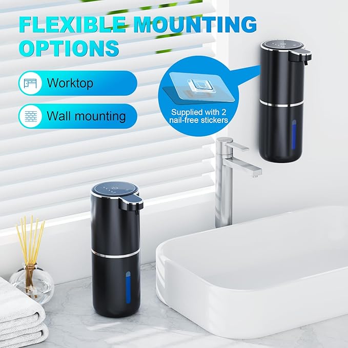 Automatic Liquid Soap Dispenser, 12.8oz/380ml Wall Mount Touchless Soap Dispenser with Sensor, 4-Level Adjustable, IPX5 Waterproof, USB Rechargeable for Bathroom, Kitchen