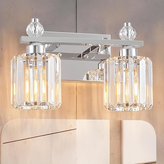 FDPBY Bathroom Vanity Lights 2-Light Chrome Modern Crystal Vanity Light Fixtures Over Mirror Crystal Bathroom Vanity Lighting Fixtures