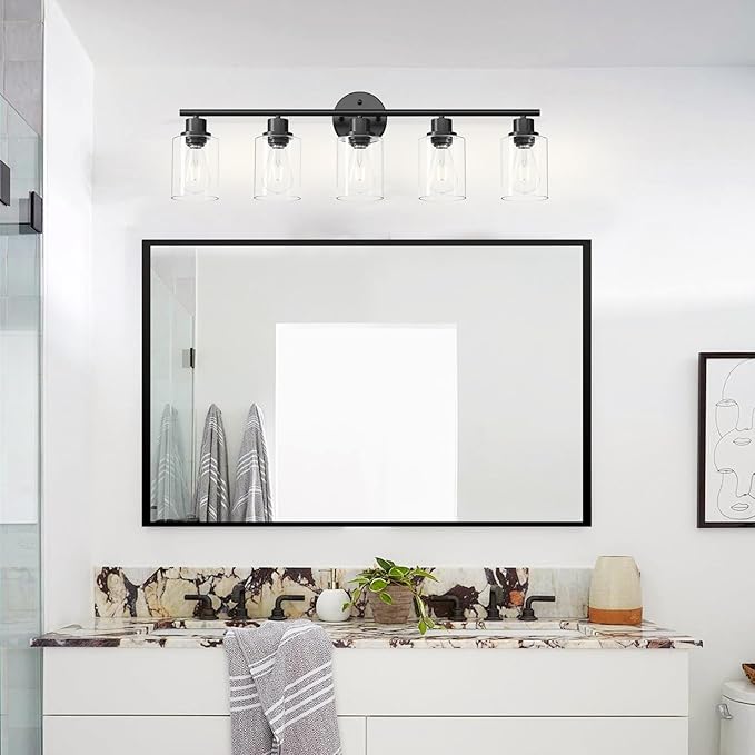Guliaofo 5-Light Black Bathroom Vanity Lights, E26 Modern Bathroom Light Fixtures with Clear Glass Shade, Mirror Kitchen Hallway Cabinet Living Room Sconces Wall Lights