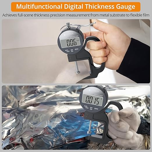 Neoteck Digital Thickness Gauge 1inch/25.4mm,0.0005inch/0.01mm LCD Display with Inch/MM Conversion One-Hand Quick Press Thickness Measuring Tool for Leather Paper Fabric Film etc.-Silver-Grey
