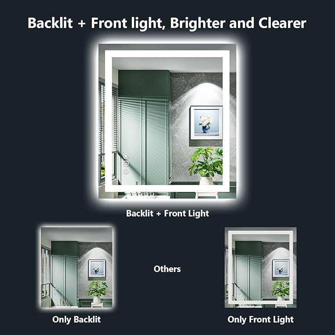 YEELAIT 20x28 Inch LED Bathroom Mirror with Lights Front and Backlit Lighted Vanity Mirror for Bathroom Wall with 3 Colors Dimmable Anti-Fog Memory Shatter-Proof IP54 Waterproof Horizontal/Vertical