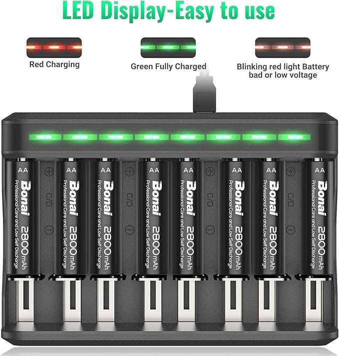 BONAI AA Rechargeable Batteries 2800mAh 8pack with Smart Charger for AA AAA C D NiMH Battery