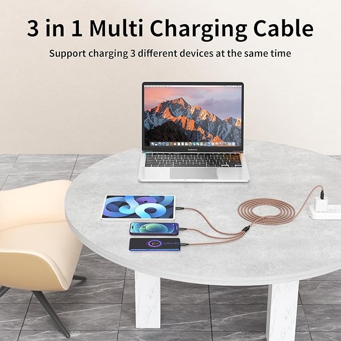 Multi Charging Cable,(3Pack 4FT), Multi Charging Cord 3 in 1 Charging Cable Nylon Braided Universal Charger Phone Charger Cord with Type-C,Micro USB,IP Port for iPhone16/15 Series/Phone&Pad