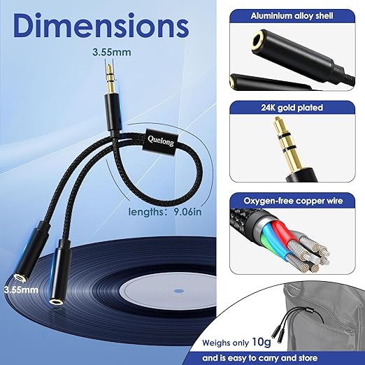 Quelong 5Pcs Headphone Splitter, Dual Headphone Nylon Braided Extension Cable, Hi-Fi Audios Stereo Y Splitter 3.5mm 2 Female 1 Male, Suitable for Phones, PS4, Amplifiers, Smartphones, Tablets,etc.