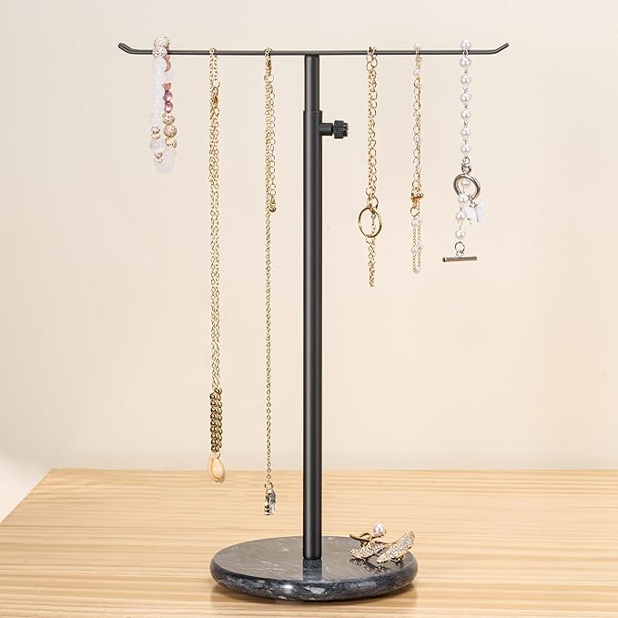 Josmimic Black Necklace Holder Jewelry Organizer Stand – Adjustable Height T‑Bar Jewelry Display with Dark Gray Marble Base, Necklace & Bracelet Holder, Countertop Jewelry Rack