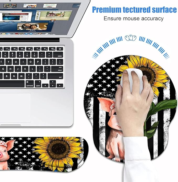 Keyboard Wrist Rest + Mouse Pad Wrist Support Set with Coasters, Non-Slip PU Base Ergonomic Mousepad for Home Office Working Studying Easy Typing & Pain Relief, American Flag Sunflower and Cute Pig