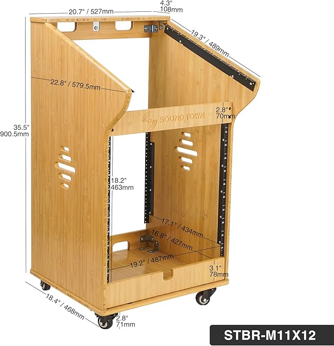 Sound Town DIY Solid Carbonized Bamboo Studio Rack with 11U Slant Mixer Top, 10U Front Rack, 2U Bottom Storage, Casters, Rubber Feet, for Recording Room, PA/DJ Equipment, Home-Audio (STBR-M11X12)
