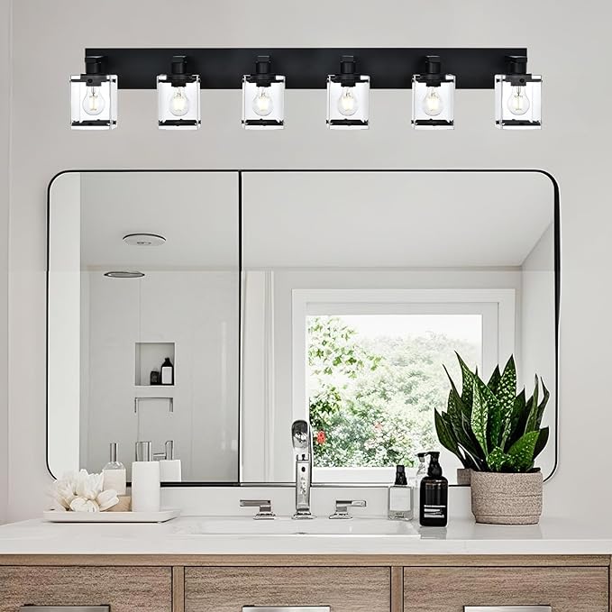 WINSHEN 6-Light Bathroom Light Fixture Black Finish, Modern Vanity Lighting with Rectangular Clear Glass for Over Mirror Kitchen E26 Bulb Base