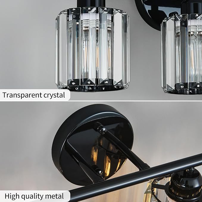 FDPBY Modern 4 Light Crystal Vanity Light, Plating Black Vertical Bathroom Light Fixture Over Mirror for Dressing Table Sink, Compatible with Dimmable Bulbs (Bulbs Not Included)