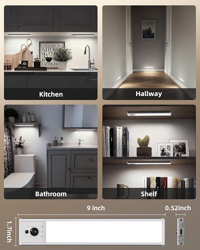 EZVALO 3 Pack Under Cabinet Lighting, Rechargeable Motion Sensor Light, LED Closet Lights Wireless, 5700K Dimmable, Timer, Magnetic, with Remote Control for Kitchen, Closet, Stair