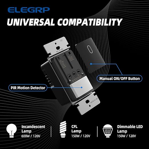 ELEGRP Occupancy Motion Sensor Light Switch, PIR Infrared Motion Activated Wall Switch, No Neutral Wire, Single Pole for CFL/LED/Incandescent Bulb, Wall Plate Included, UL Listed (2 Pack, Matte Black)