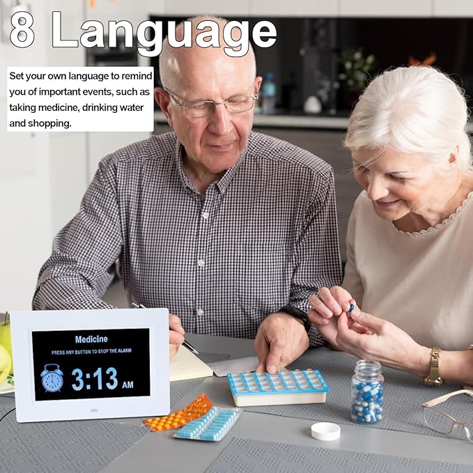 ybest 7 Inch Extra Large Day Date Time Digital Day Calendar Clocks with Auto-Dimming 12 Alarm Reminders Dementia Clock for Senior Elderly impaired Vision Memory Loss