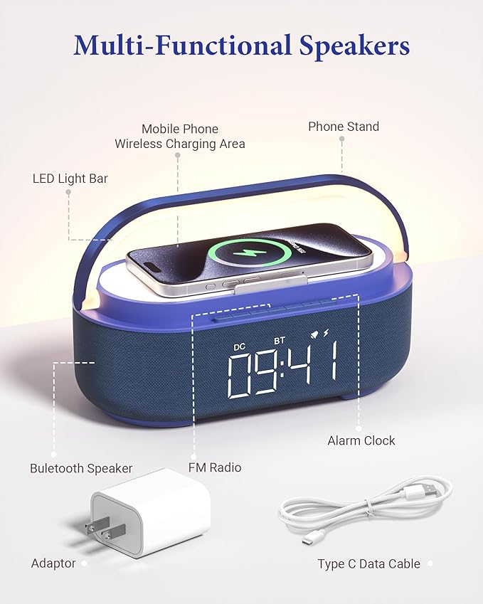 COLSUR Bluetooth Speaker Alarm Clock with Wireless Charger, FM Radio, Adjustable LED Night Light, 6 in 1 Bedroom Portable Speaker 2500mAh, Phone Stand for Bedside, Home, Office, Gift (Blue)