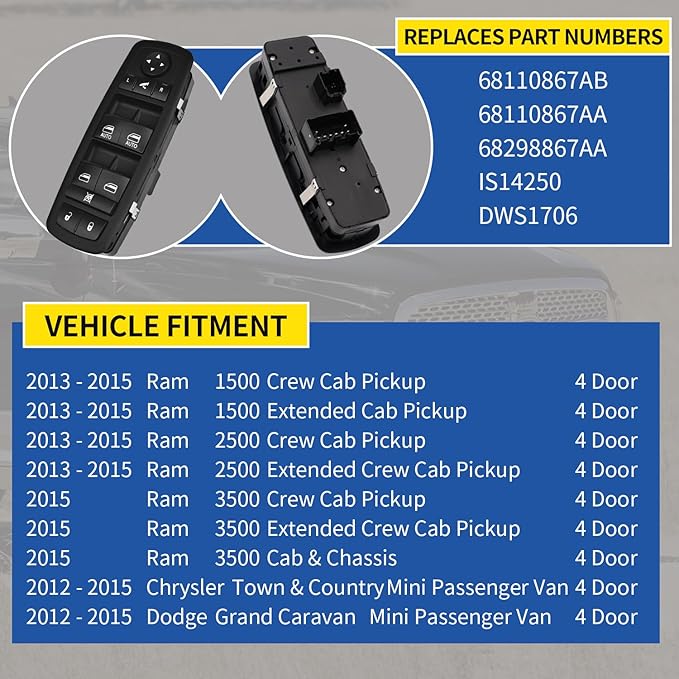 AMICAREP Master Power Window Switch Driver Side Compatible with 2012-2015 Dodge Grand Caravan Ram 1500 2500 3500 Chrysler Town & Country Replaces# 68110867AB (9+3 Pin; w/Power Folding Mirror; 4 Door)