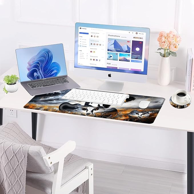 BFUKVOU Large Keyboard Mouse Pad Set, Extended Mouse Pad+Keyboard Wrist Rest Support, Memory Foam Ergonomic Easy Typing, 4Pcs (31.5×11.8 in) Desk Pad Set for Office Home,Cute Cow