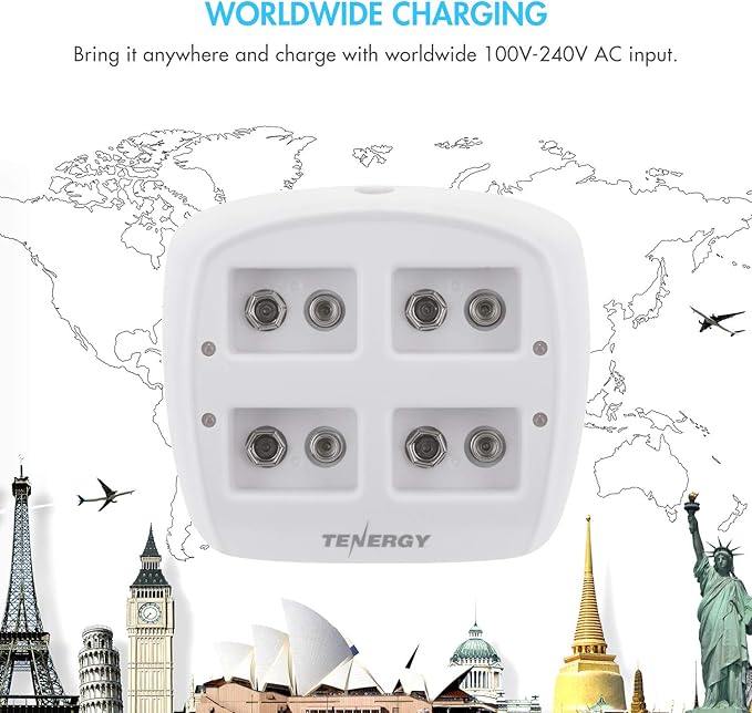 Tenergy TN136 4 Bay 9V Smart Charger with 4 Pieces Tenergy Premium 9V NiMH Rechargeable Batteries
