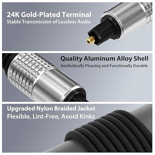 Cyberguys! Optical Audio Cable, Digital Optical Cable with Toslink Connectors, Braided Digital Audio Cables for Soundbar, TV, Receiver, Speaker, Xbox, PS5, Blu-Ray – Gold-Plated, 6ft