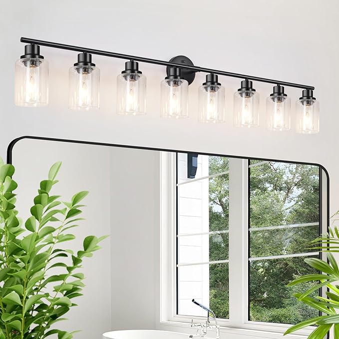 Guliaofo 8-Light Black Vanity Lights, Modern Bathroom Light Fixtures with Clear Glass Shade, Wall Lamps for Mirror Kitchen Hallway Cabinet Living Room Sconces Lights - E26