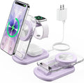3 in 1 Magnetic Wireless Charging Station for Apple Devices, Fast Foldable Travel Mag-Safe Charger Stand with Night Light for iPhone 17 16 15 14 13 12 Series, Apple Watch/AirPods Pro, PU