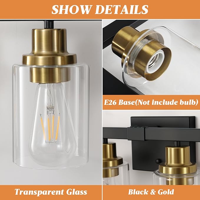 DIKAIDA 5-Light Black and Gold Bathroom Vanity Light, 30" Modern Vanity Lighting Fixture, Bathroom Light Fixtures, Wall Sconces with Clear Glass Shade, Black Bathroom Wall Light Over Mirror