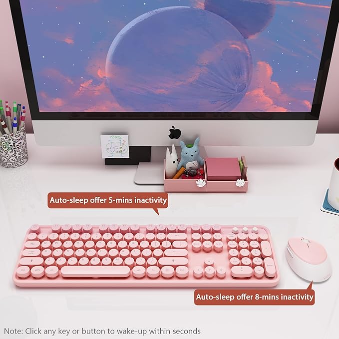 Kootop Wireless Keyboard, Cute Colorful 104 Keys Typewriter Retro Round Keycaps Keyboard for PC Laptop,Desktop,Windows, Home and Office Keyboards (Pink)