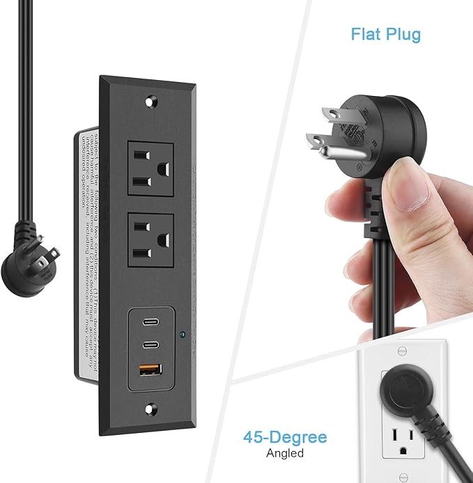 CCCEI Recessed Power Strip with 45W USB-C Ports, Fast Charging USB A Port Desk Outlet, Black Furniture Hidden Charging Station for Side Table, End Table, with 6 FT 45 Degree Flat Plug Extension Cord.