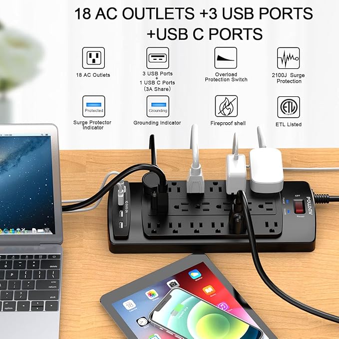 18 Outlets Surge Protector Power Strip - 15 Feet Flat Plug Heavy Duty Extension Cord with 18 Widely Outlets and 4 USB Ports, 2100 Joules, Black, ETL Listed