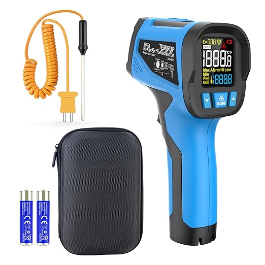 TEMIRUP Infrared Thermometer Temperature Gun -40℉ to 2462℉, 30:1 High Temp Laser Thermometer/K-Type Probe 14°F~932°F, Digital IR Pyrometer Temp Gun for Cooking, Engine, Kiln, Forging, HVAC&Industrial