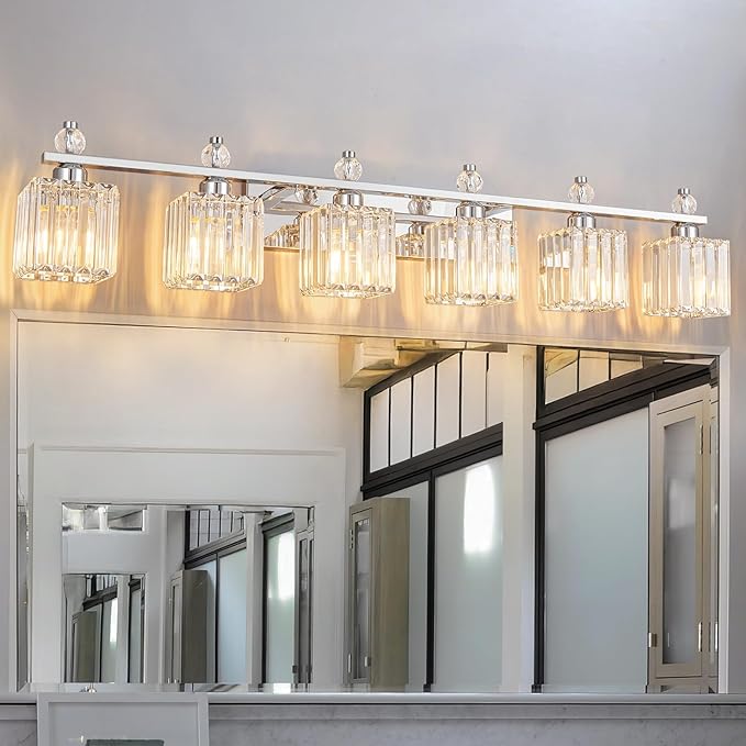 FDPBY Vanity Lights 6-Light Modern Crystal Vanity Light Chrome Bathroom Light Fixtures Over Mirror Crystal Bathroom Vanity Lighting Fixtures