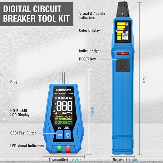 INSTRODOTS Circuit Breaker Finder, Digital Breaker Finder with GFCI Outlet Tester, AC 90-135V Electrical Circuit Tracer with Buzzer Alarm & Color LCD Display, Includes Batteries & Carrying Case