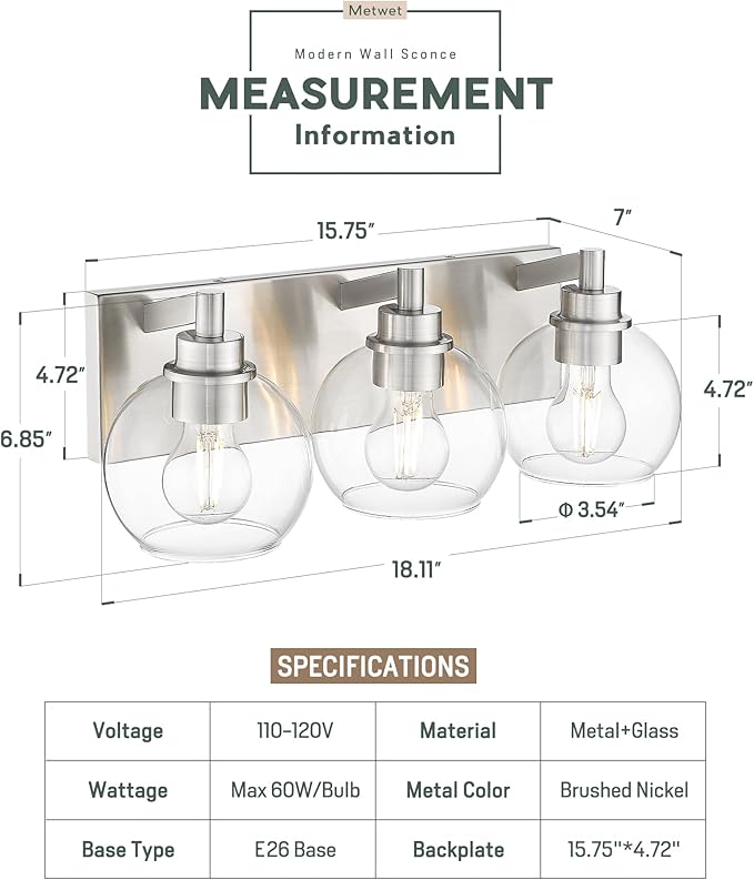 METWET Bathroom Light Fixtures, 3-Light Brushed Nickel Vanity Light, Modern Wall Sconces with Globe Clear Glass Shade, Vanity Lighting Fixtures Over Mirror, VL195-BN-CL-3