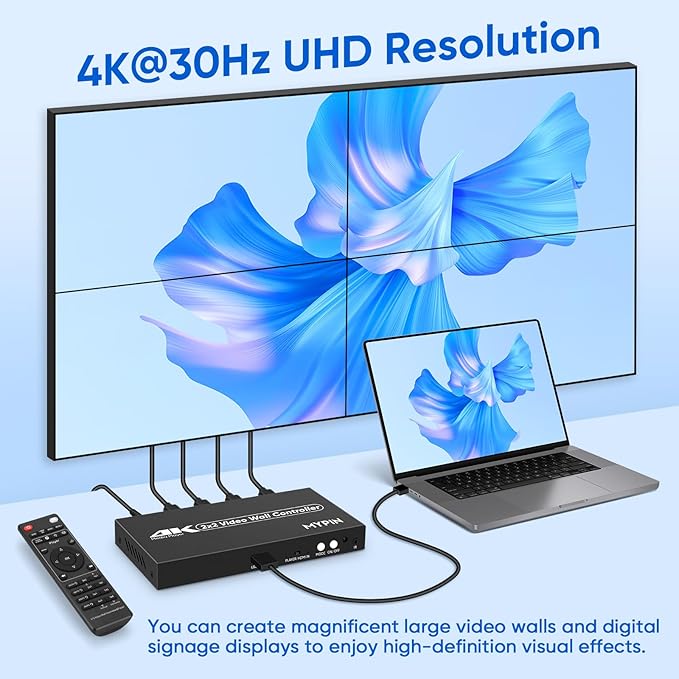 2x2 HDMI 4K Video Wall Controller with Media Player Function,4K@30HZ TV Wall Processor, 8 Display Modes 1x1 1x2 1x3 1x4 2x2 2x1 3x1 4x1 with Remote Control, 180°Rotate,with for 4x1-1 HDMI Input/Output